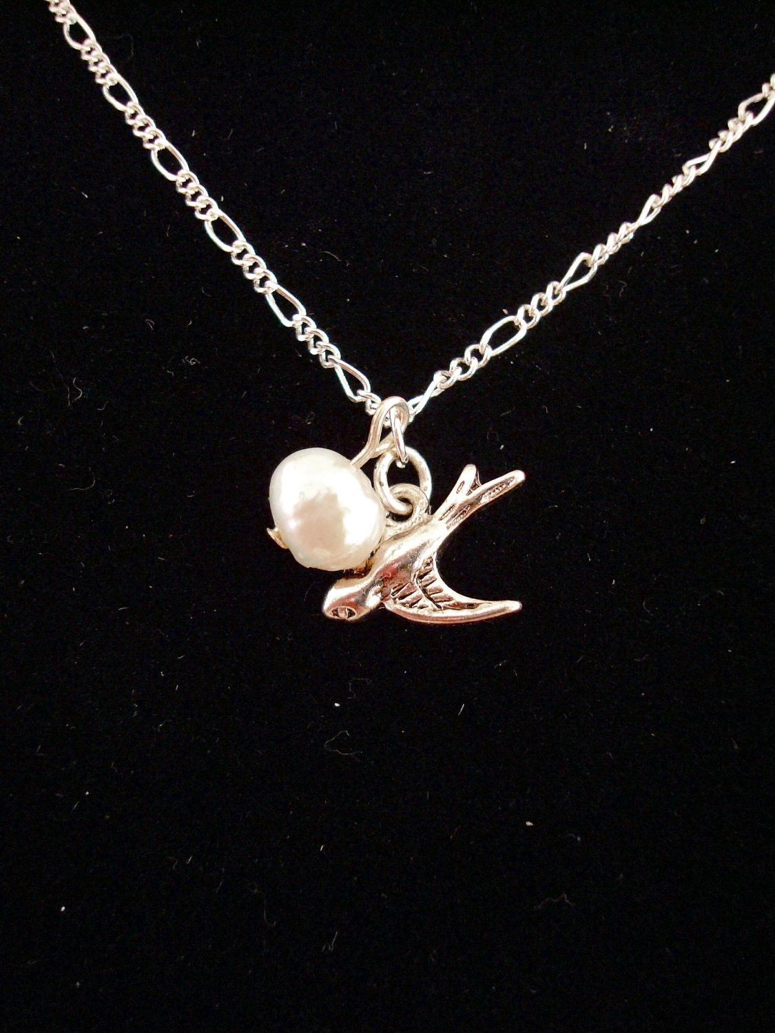 A Little Swallow - Freshwater Pearl on Silver Bird Necklace