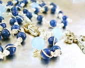Rosary of the Heavens: Aquamarine, Lapis Lazuli, Sterling Silver swirl wrap, unbreakable heirloom, custom order