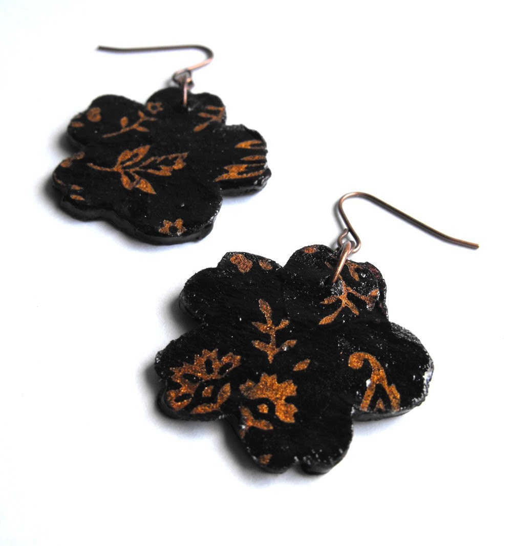 Asian Influence Floral Earrings - Womens Earrings, Black, Copper, Flowers, Mixed Media, Paper, Clay, Paper Anniversary Gift, OOAK