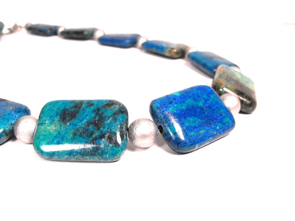 Blue and Green Chrysocolla Necklace, Womens Natural Stone, Rectangles, Geometric, Fashion, For Her, Monaco Blue, Emerald Green, Smooth