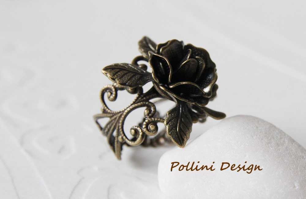 Rose on Bronze Vintage Filigree Base. Antique Gold (RG-07)