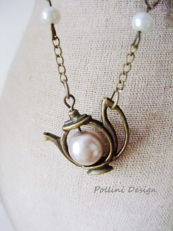 Have a Tea Earrings. Antique Teapot with Pearl. Pastel (VER-19)