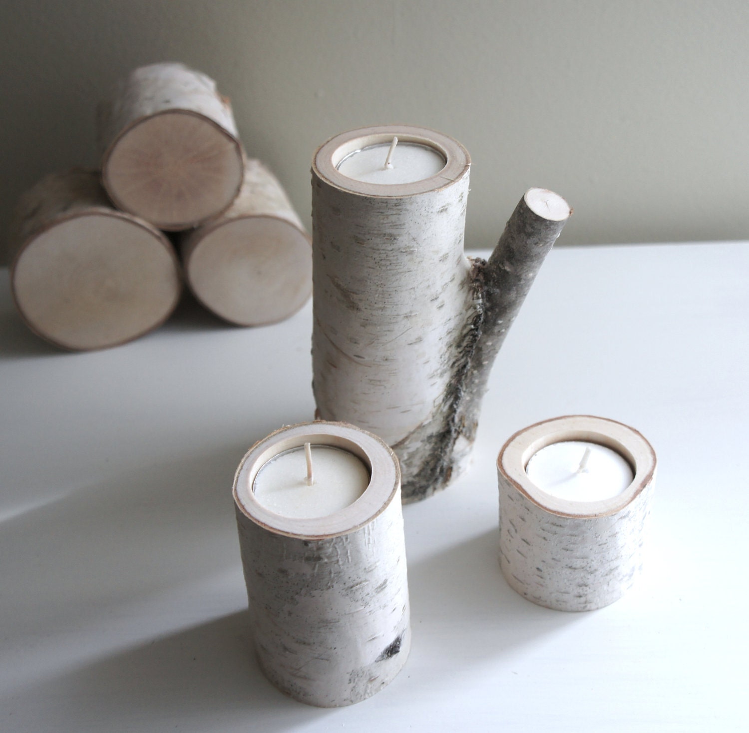 natural white birch wood candle holders - set of 3