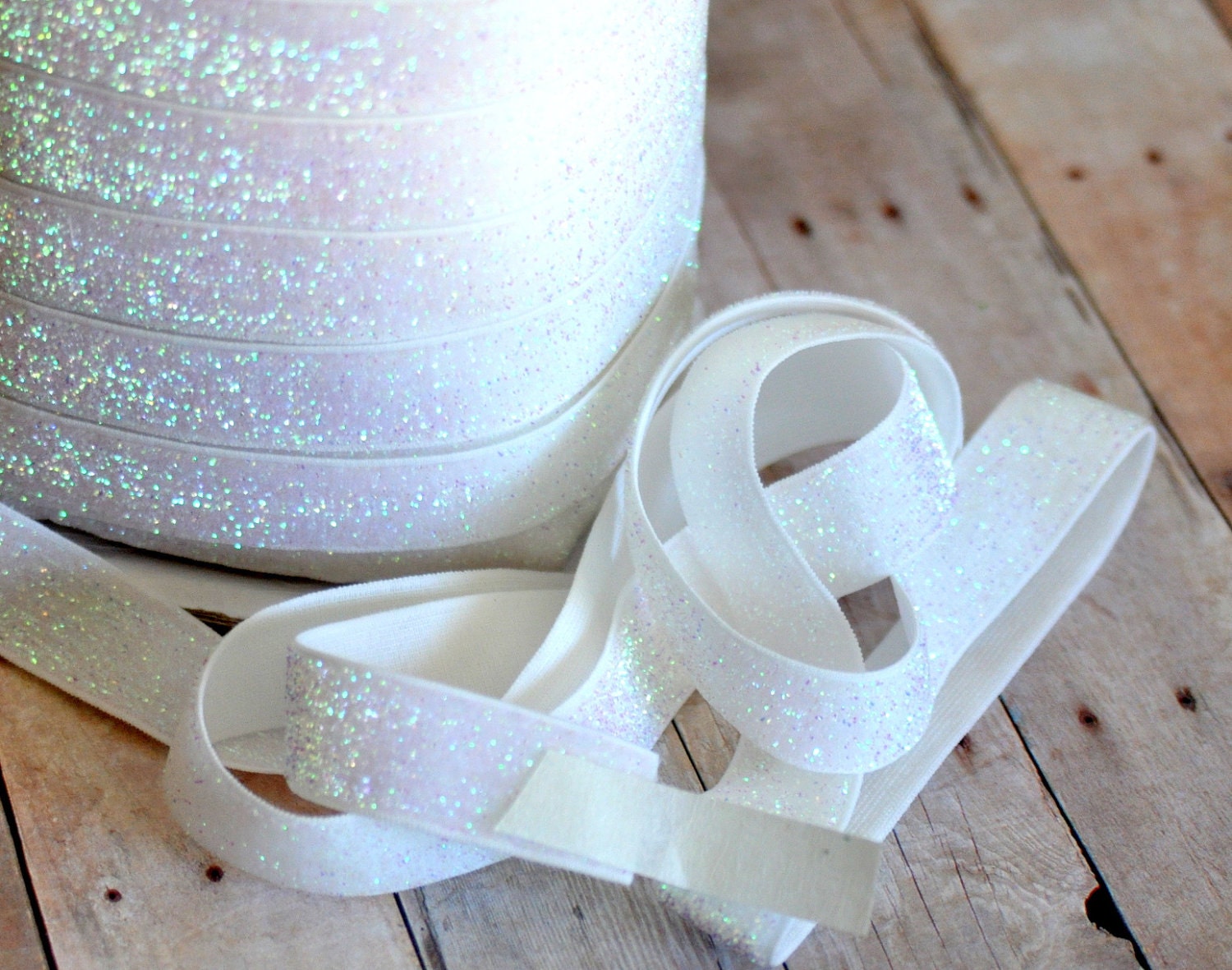 5 Yards 5/8 Inch Glitter  Elastic for Making Headbands-Irridescent White