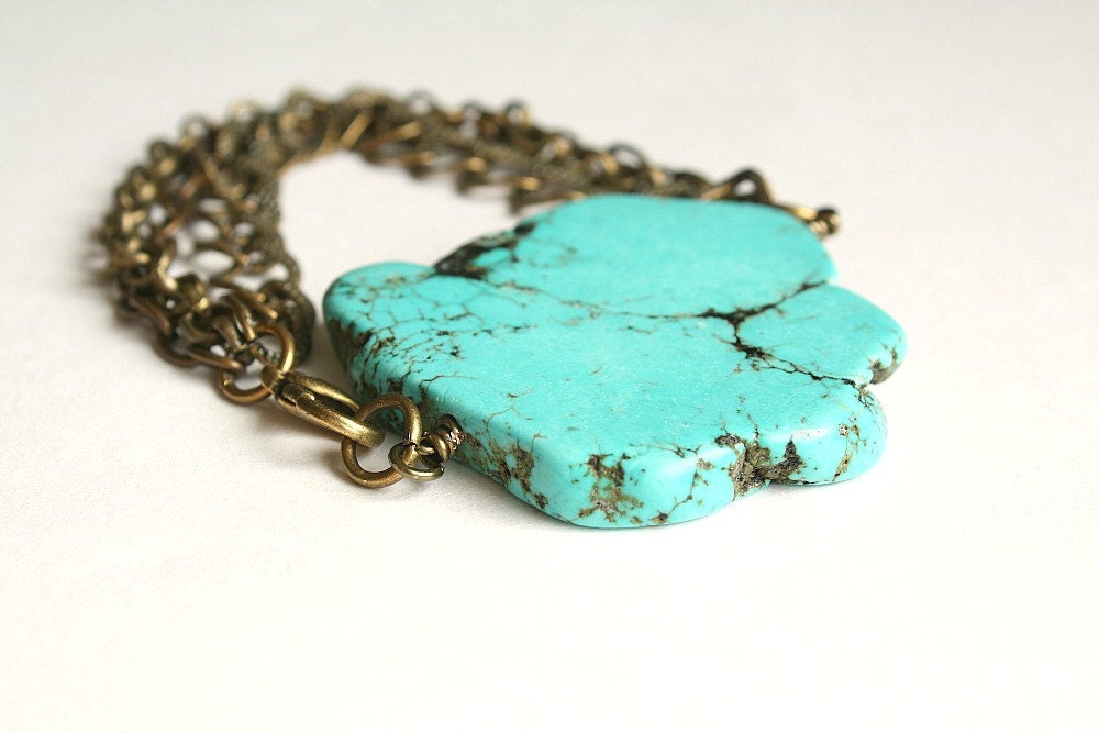 Turquoise Slice & Antique Brass Chain Bracelet