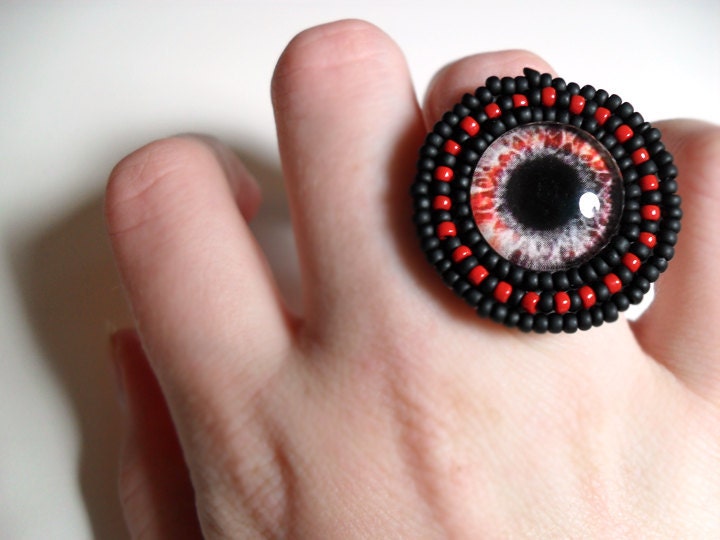 Red Eye Ring in Red and Black Glass Eye Surrounded by Circles of Beaded Red and Black Seed Beads by MegansBeadedDesigns - MegansBeadedDesigns