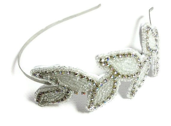 Beaded Rhinestone Headband, Wedding Hairpiece, leaves Hair Accessory with Crystals and Seed Beads, Bridal, Prom - MegansBeadedDesigns
