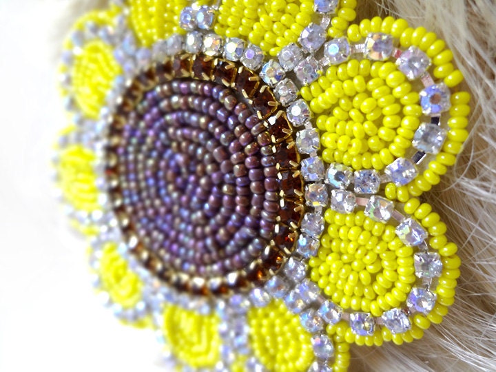 Yellow and Brown Rhinsetone Sunflower Hair Clip - MegansBeadedDesigns