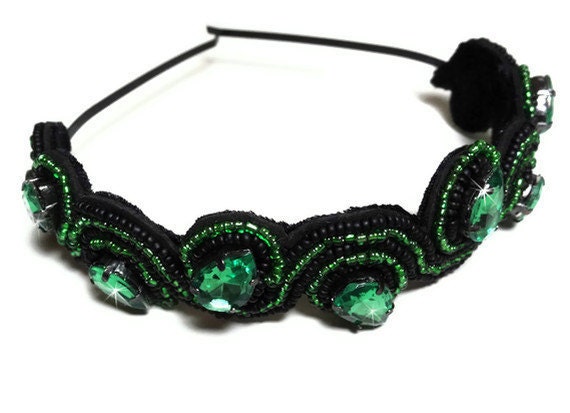 Green Rhinestone Headband - Beaded Hair Accessory