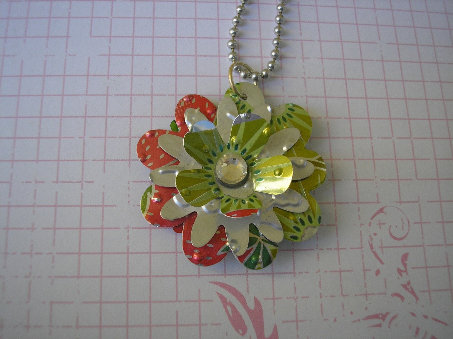 Soda Can Art. Upcycled Statement Necklace. Sweet and Small Strawberry Kiwi