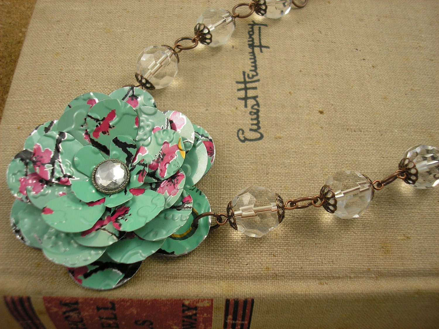 AZ Tea Rose and Crystal Bead Necklace. Recycled Soda Can Flower Art.