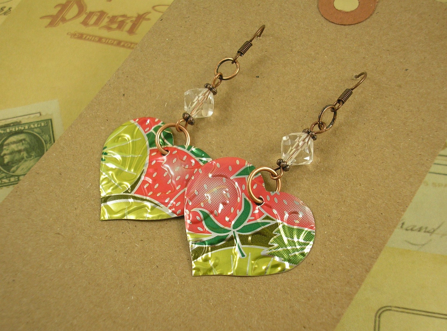 Strawberry Kiwi Heart Earring with Crystal Bead. DOUBLE-sided. Recycled Soda Can Art.