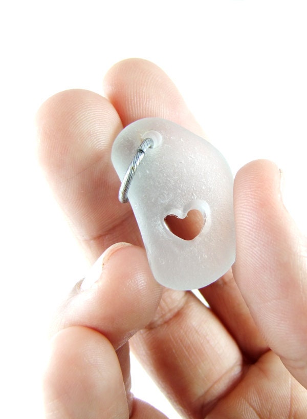 Beach Glass White Pendant with Carved HEART- Romantic Gift