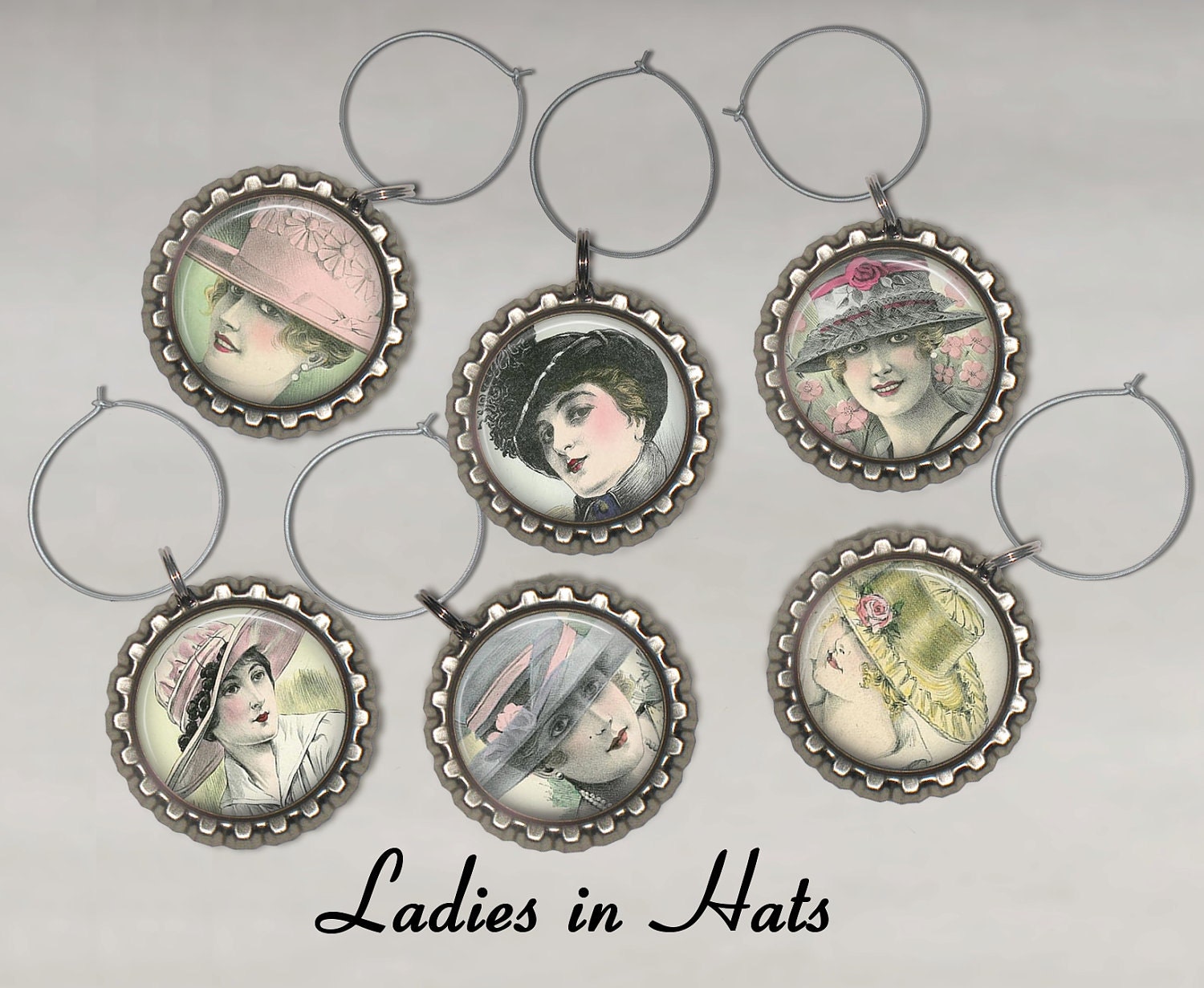 Ladies in Hats Wine Charms Set of SIX Drink Wine Glass Charms