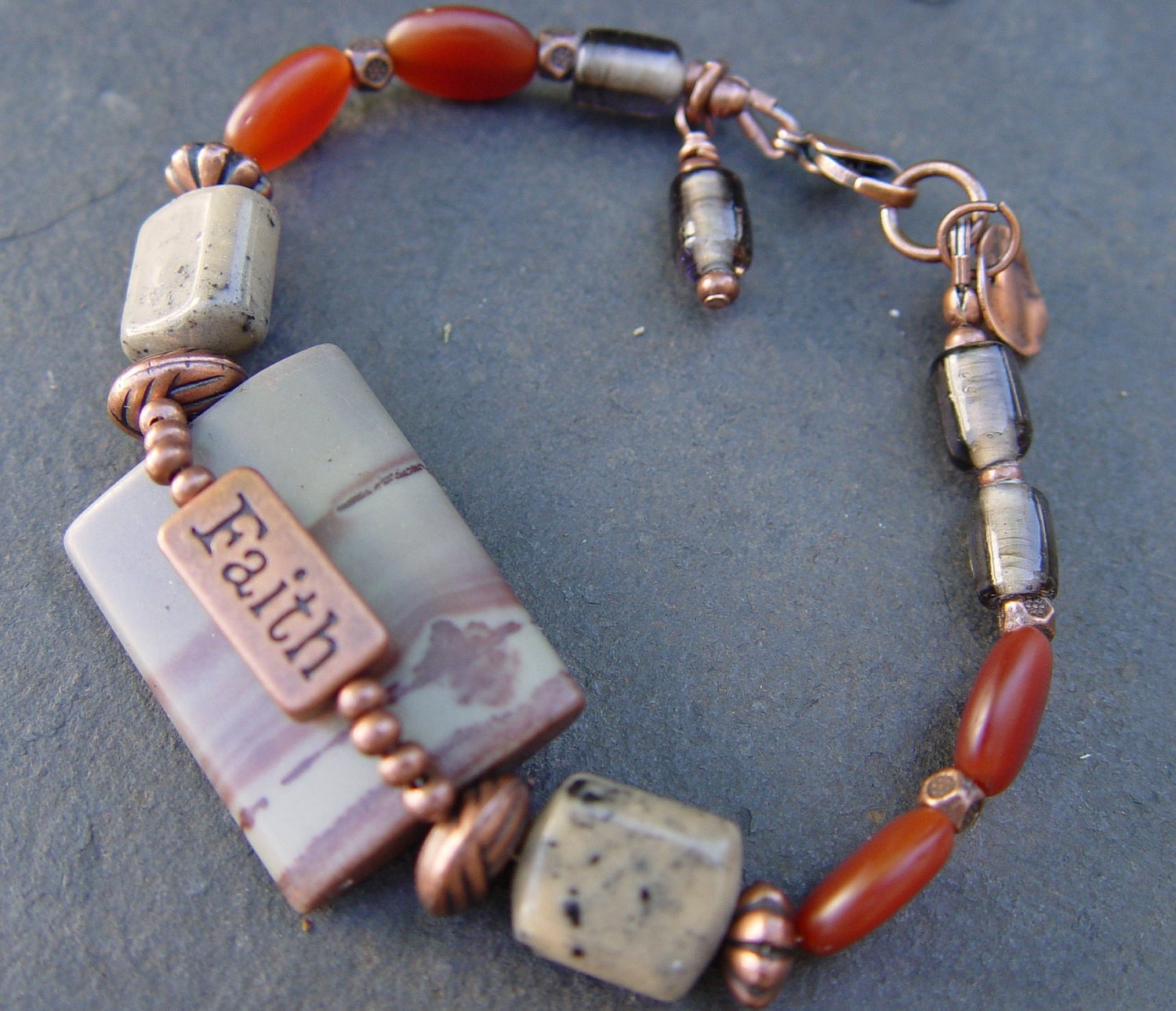 Faith - Earthy Wild Horse Jasper, Agate, Glass and Copper Bracelet