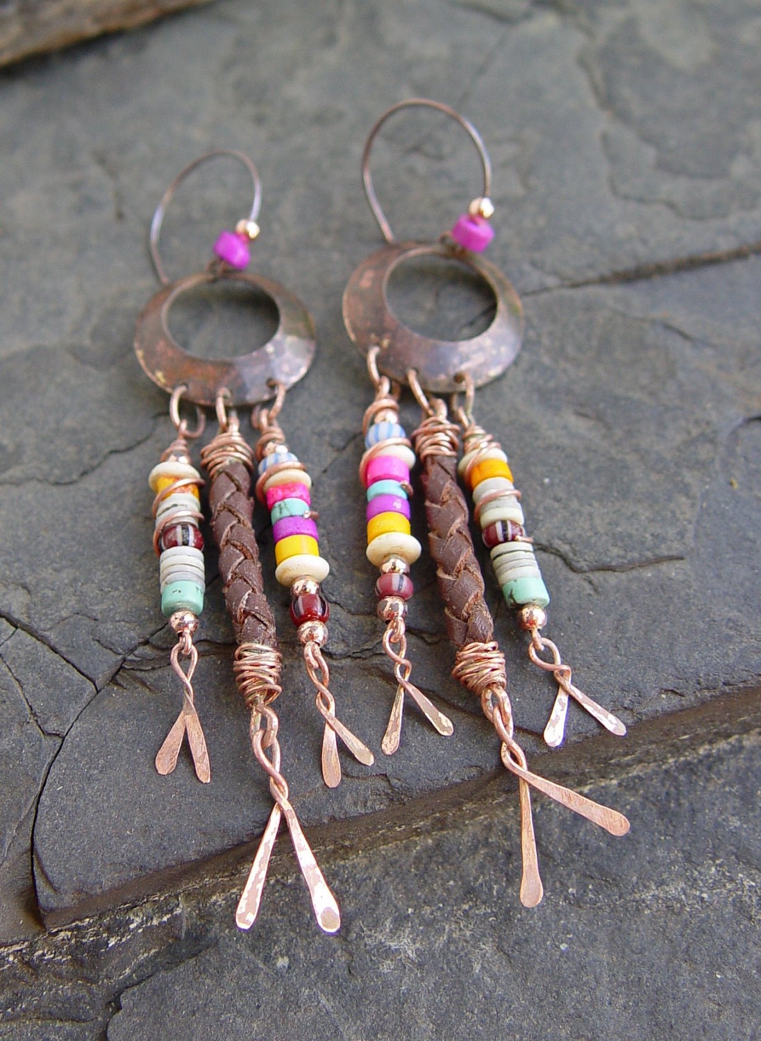Dream Dangle Tribal Earrings Handmade Braided Leather Brass Gemstones Copper