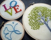 Lemon Lime Tree,  LOVE and Ginkgo (3 pieces) hand embroidered hoop art