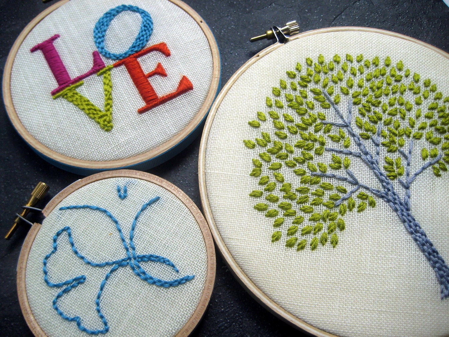 Lemon Lime Tree, LOVE and Ginkgo (3 pieces) hand embroidered hoop art