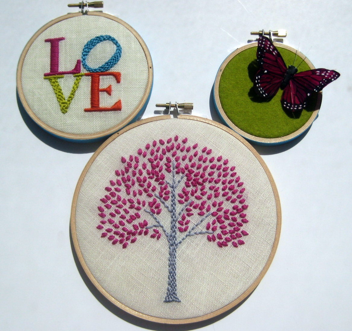 Tree Hoop Art - Hand Embroidered Wall Wear in 6 inch wood hoop.  Magenta