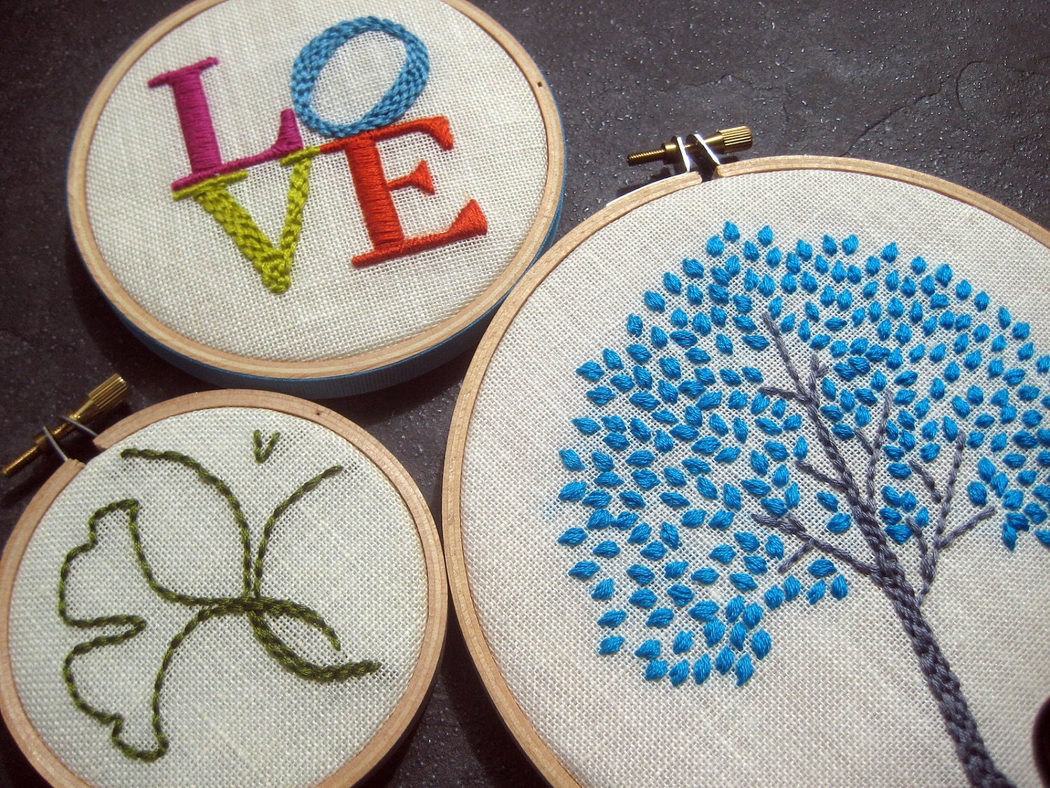 Lemon Lime Tree, LOVE and Ginkgo (3 pieces) hand embroidered hoop art