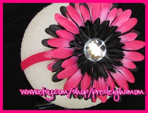 Fabulous GIRL - Black and Hot Pink Layered Daisy Hair Flower Clip - with -  Hot Pink Headband - Newborn Baby Headband