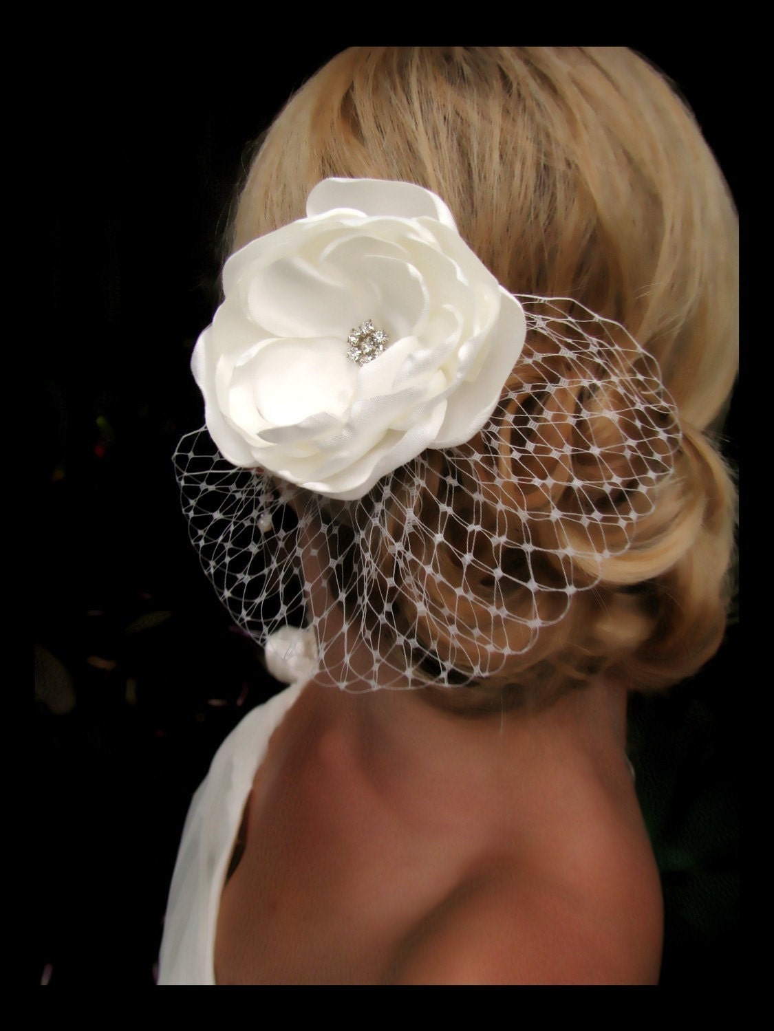 Millie bridal hair flower,  Ivory Satin Floral Fascinator with French / Russian Tulle, bridal hair accessories