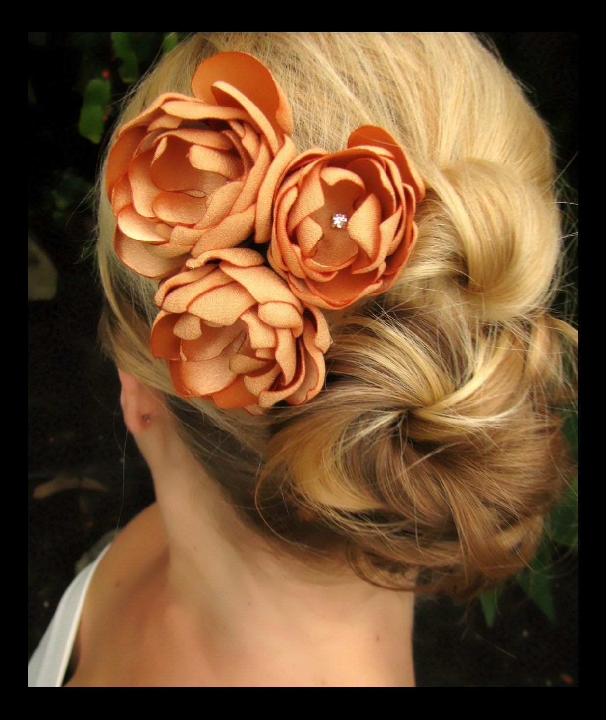 Dalila bridal hair accessories,  light golden orange satin flowers with rhinestone centers, bridal hair accessories, bridal hair flowers