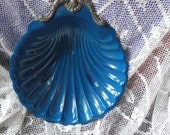 Large Blue Metal Sea Shell Shaped Tray Vintage Home or Garden Decor