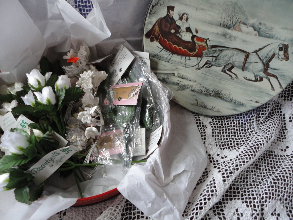 Vintage Tin Full of White Silk Flowers and Green Silk Leaves for Crafting