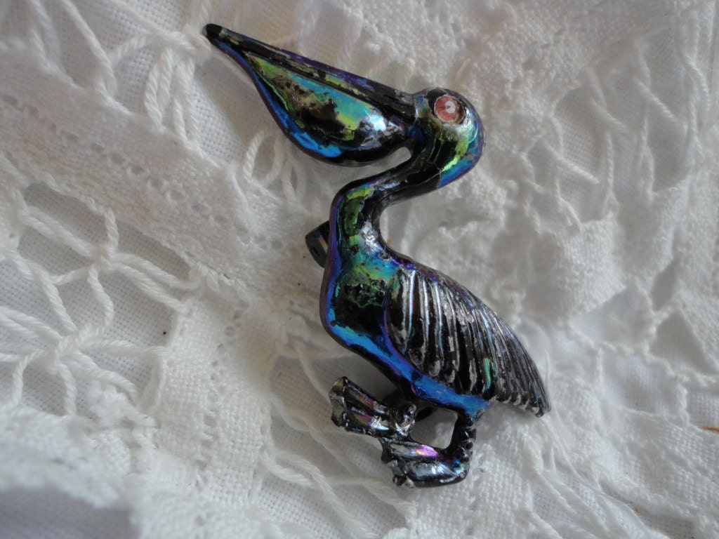 Irridescent Blue Enameled Metal Pelican Brooch Vintage Jewelry
