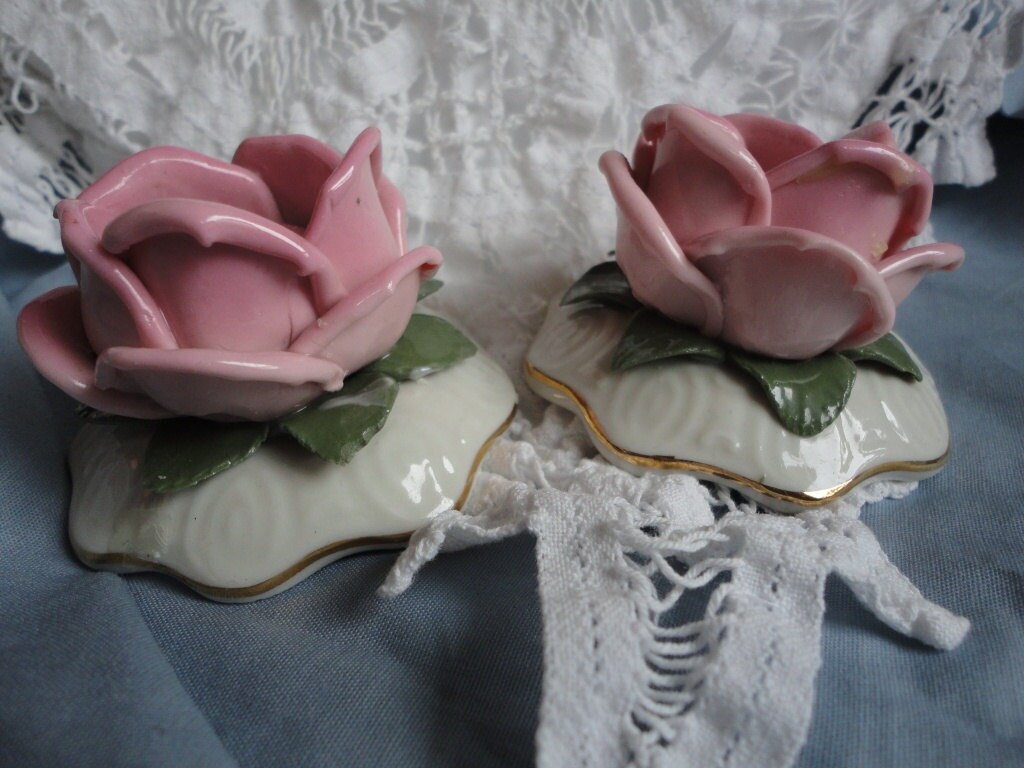 Dresden China Pink Rose Candle Holders by oldandnewboutique
