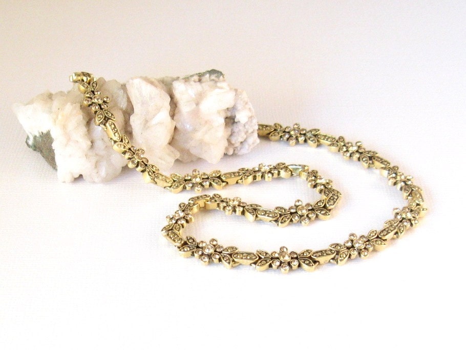 Vintage Citrine Color Rhinestone Choker Necklace, Flower Motif