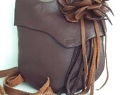 brown, leather bag with deep tan flower and fringe, Shoulder bag, messenger, hip bag by Tuscada. Ready to ship.