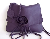 purple leather handbag, messenger with a matching purple 'rose bud', made to order.