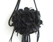 black leather  handbag, shoulder purse, messenger  with flower and fringe.  Tuscada,  Made to order.