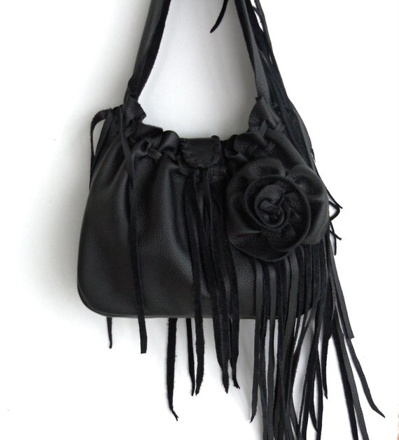 black leather handbag, shoulder purse,  boho with   flower, rose, fringe and ruffle by tuscada, made to order