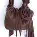 brown leather handbag, shoulder purse, messenger with flower, rose, fringe and ruffle, by Tuscada. Ready to ship.