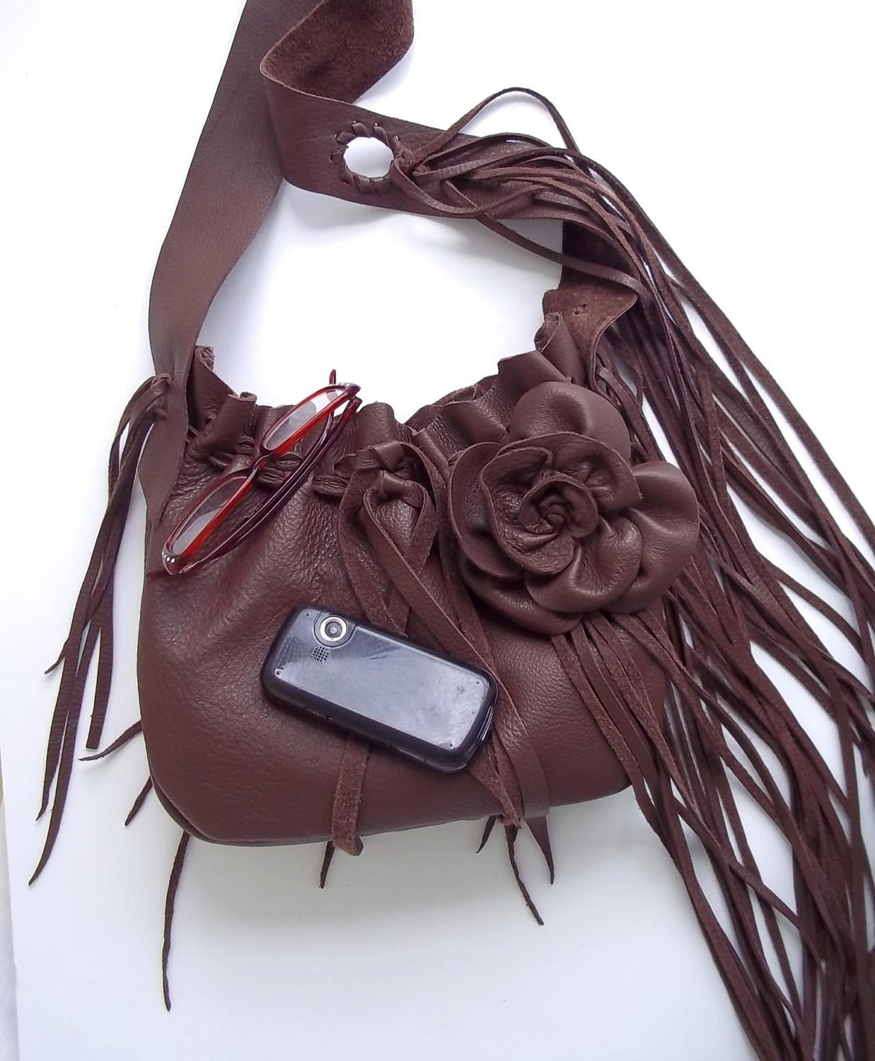 brown leather handbag, shoulder purse, messenger with flower, rose, fringe and ruffle, by Tuscada. Ready to ship.