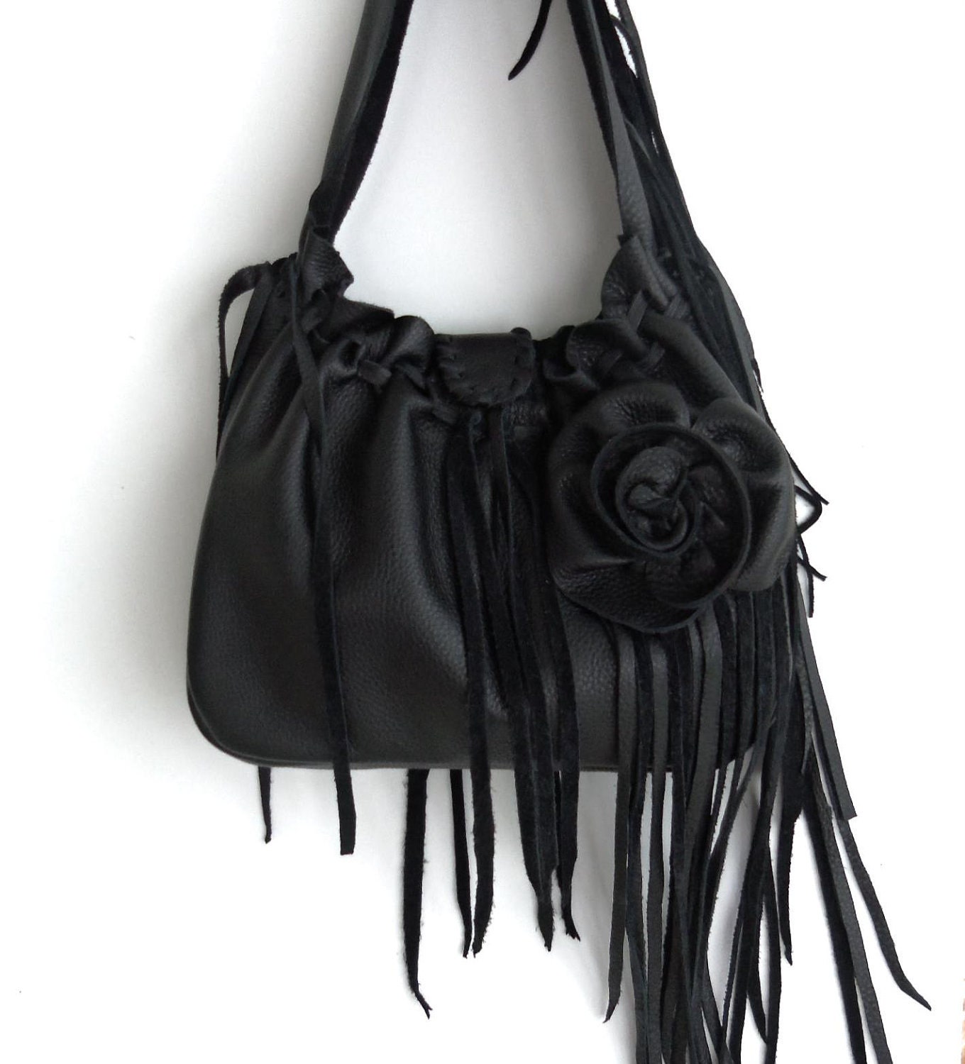 black leather handbag, shoulder purse,  boho with   flower, rose, fringe and ruffle by tuscada, made to order