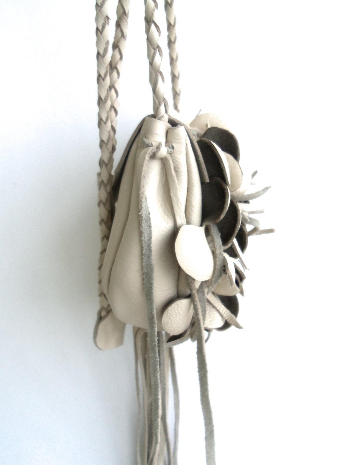 cream vanilla leather handbag, messenger with flower and fringe, by Tuscada. Made to order.