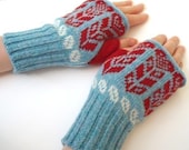 Wheat Heart Design Knitted Fairisle Hand Warmers Blue & Red