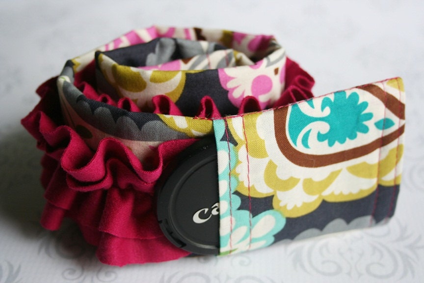 Ruffled Camera Strap Cover Padded with Lens Cap Pocket - Gray and Teal Paisley with Pink Ruffle