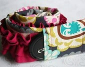 Ruffled Camera Strap Cover Padded with Lens Cap Pocket - Gray and Teal Paisley with Pink Ruffle