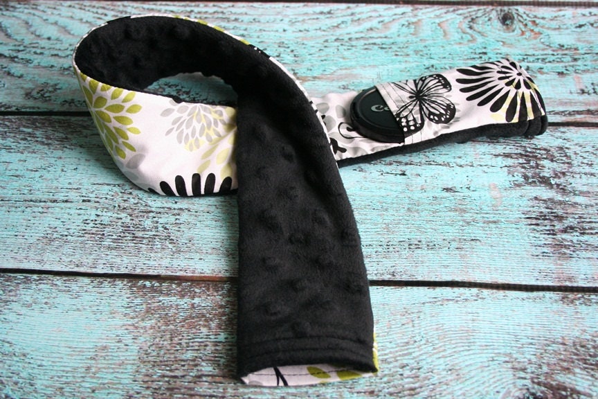 Camera Strap Cover with Lens Cap Pocket - Padded Minky - Green and Black Butterflies with Black Minky- MADE TO ORDER