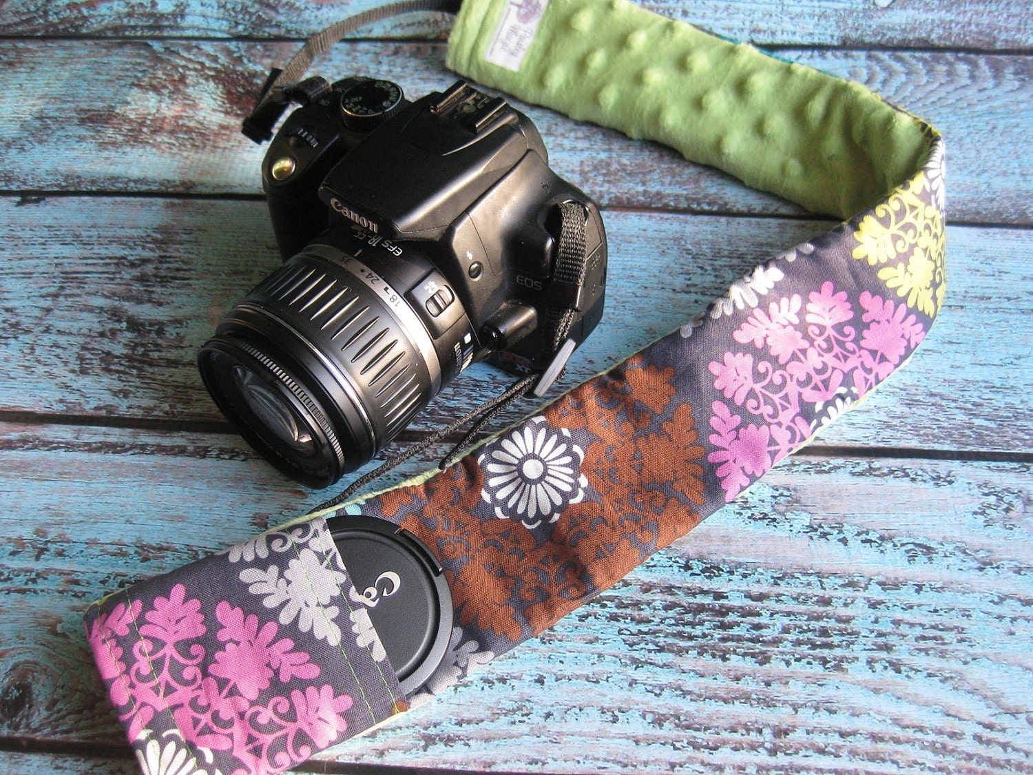 Camera Strap Cover with Lens Cap Pocket - Brown Padded Minky - Cherry Blossom- MADE TO ORDER