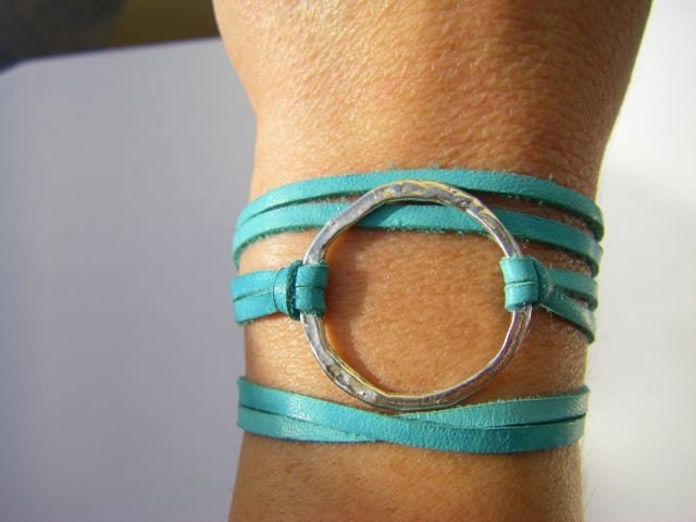 Leather Wrap Bracelet Sterling Silver and Turquoise Leather Cord