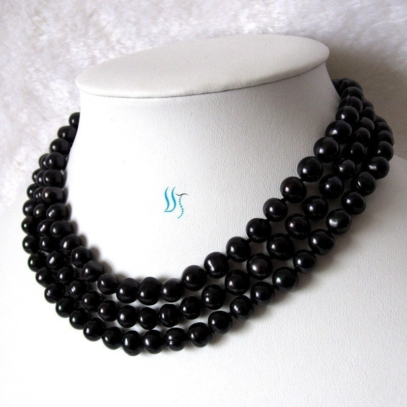 Black Pearl Necklace - 48 inches 8-9mm Black Freshwater Pearl Long Necklace - Free shipping
