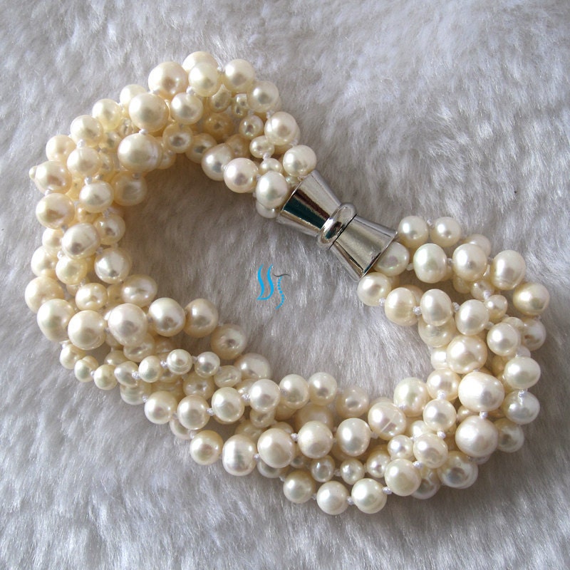 White Pearl Bracelet - 7-8 inches 4-7mm 5 Row White Freshwater Pearl Bracelet - Free shipping