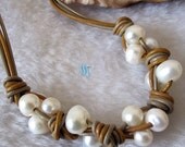 Pearl Necklace - 18 inches 8-10mm White Freshwater Pearl Orange Khaki Leather String Necklace - Free shipping