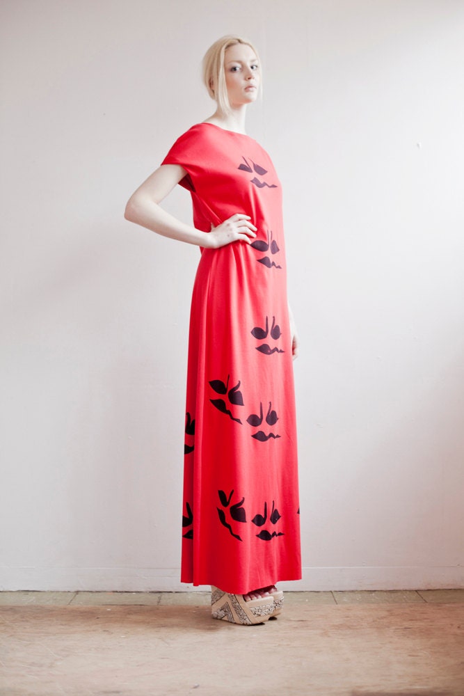 Red Maxi Dress with Swan Print
